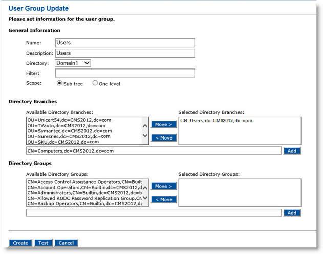 User Group Update dialog box where you can update General Information as well as select Directory Branches and Directory Groups